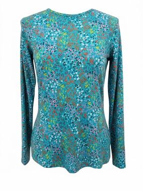 Lands' End Teal Floral Long-Sleeve Top